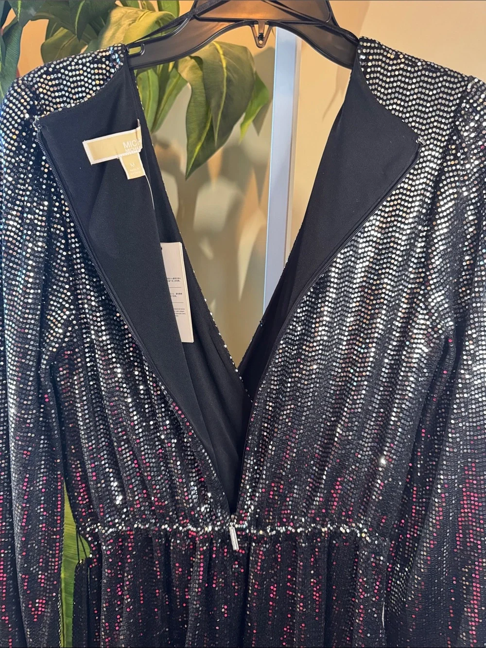 Michael Kors Black Sequin Wrap Dress W/ Belt, Zip-back, open. Size M, New W/ Tag